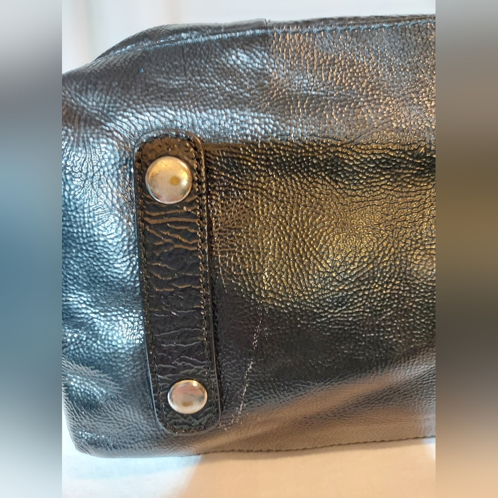Coach Poppy Black Patent Leather Satchel With Silver Hardware And Teal Lining - Picture 9 of 12
